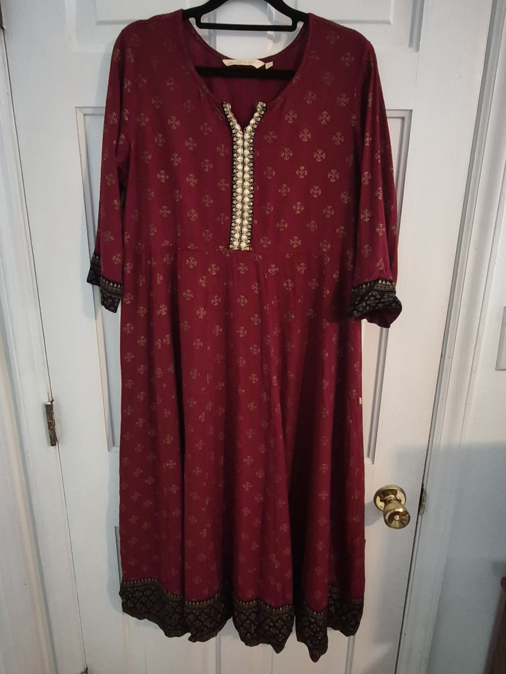 Avaasa Maroon & Gold Foil Print Anarkali Kurta Maxi Dress Made in India L